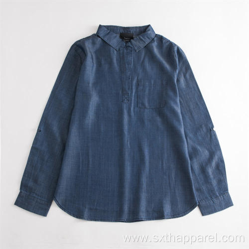 Women's Navy Blue Long-sleeve Tencel Denim Loose Shirt